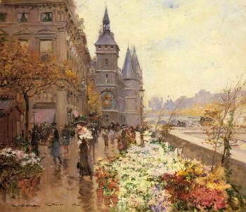 Georges Stein : A Flower Market Along The Seine